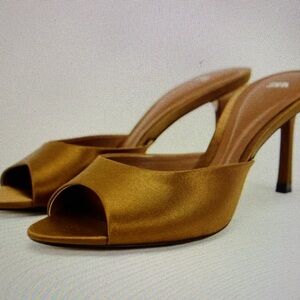 Nina Gold Satin Peep-Toe Heels